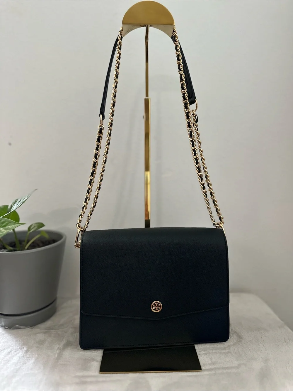Black Leather Shoulder Bag with Gold Chain Strap